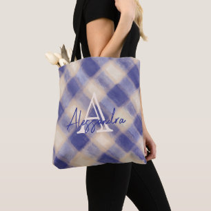 Monogram ruit tartan marineblauw crème kalligrafie draagtas