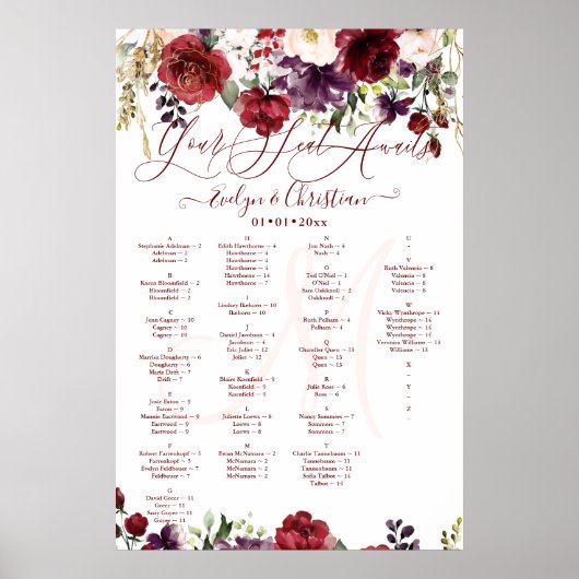 Monogram Rustic Bloom Blush Burgundy Dusty Paars Poster (Voorkant)