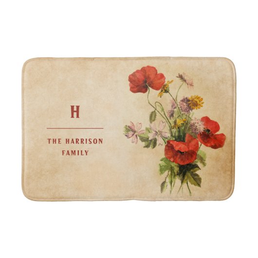 Monogram  Rustic Bouquet Red Poppies beige Badmat (Voorkant)
