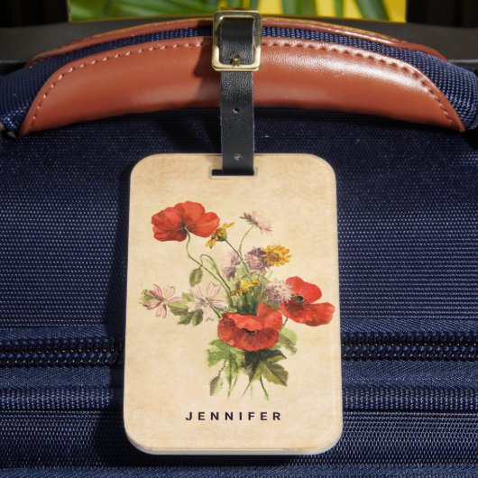 Monogram  Rustic Bouquet Red Poppies beige Bagagelabel (Voorkant Insitu 2)