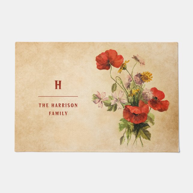 Monogram  Rustic Bouquet Red Poppies beige Deurmat (Voorkant)