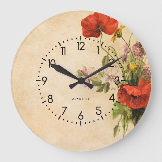 Monogram Rustic Bouquet Red Poppies beige Grote Klok (Voorkant)