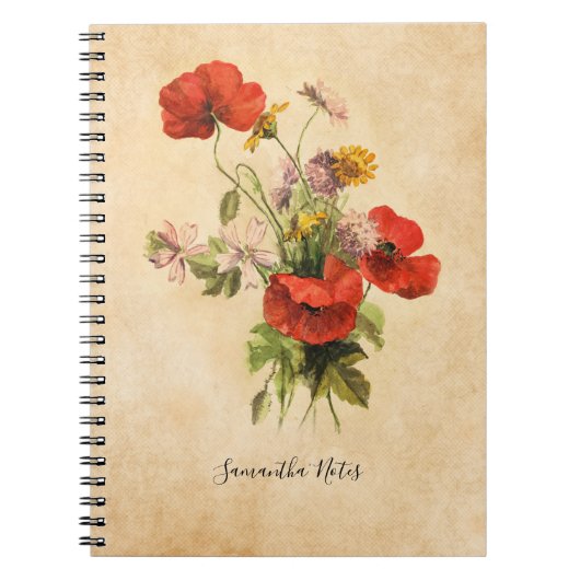 Monogram Rustic Bouquet Red Poppies beige Notitieboek (Voorkant)