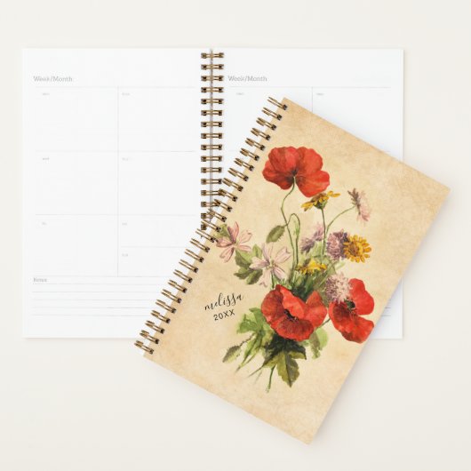 Monogram  Rustic Bouquet Red Poppies beige Planner (Display)