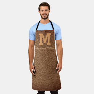 Monogram Rustic Bruin Leren Naam Schrift Modern Schort