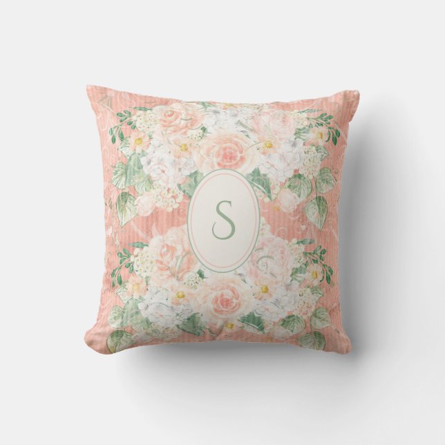 Monogram Rustic Floral Green Peach Sierkussen (Voorkant)