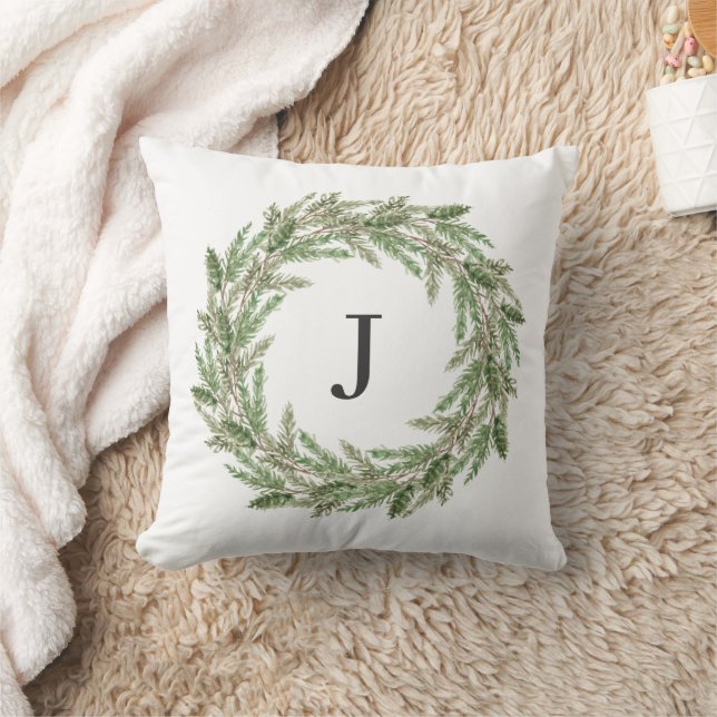 Monogram Rustic Greenery Pine Wreath Holiday Kussen (Deken)