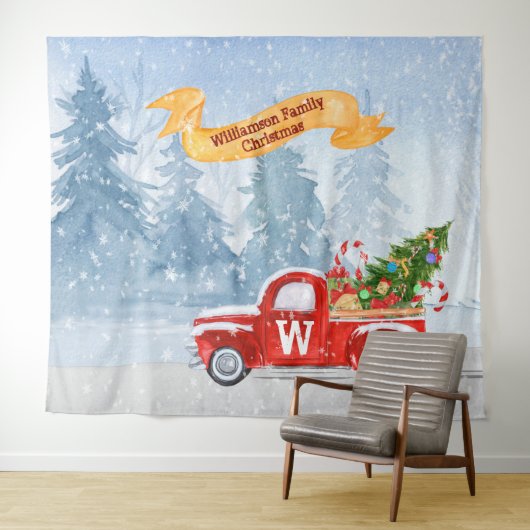 Monogram Rustic Red Kerstmis Ruck Snow Backdrop Wandkleed (In Situ (horizontaal))