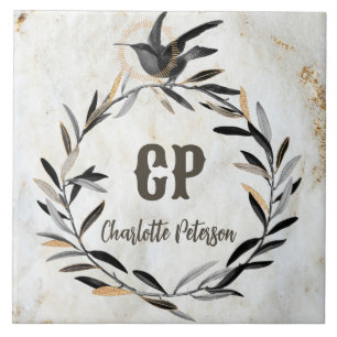 Monogram Rustic White Marble Bird WreatCustom Tegeltje
