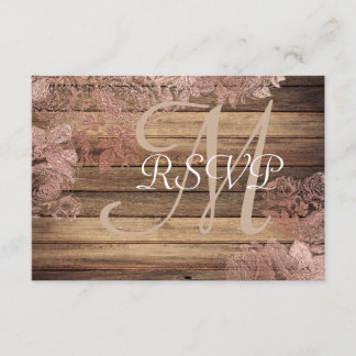 Monogram Rustic Wood Roos Lace Wedding RSVP Kaartje