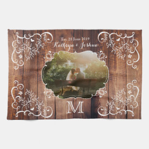 Monogram Rustic Woodland Weddenschap Foto Wood Pan Theedoek