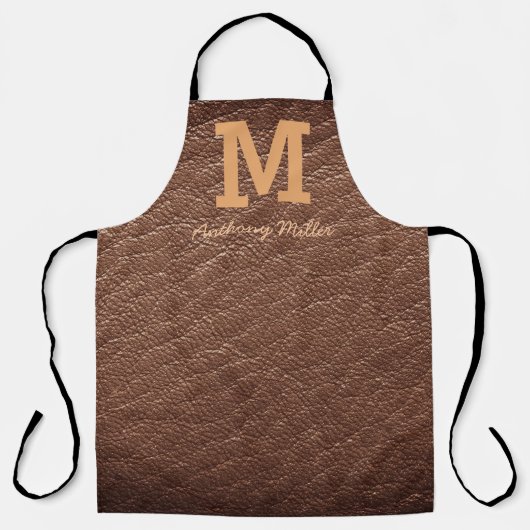 Monogram Rustiek Bruin Leer Naam Script Modern Schort (Voorkant)