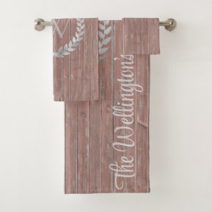 Monogram rustiek hout familienaam badhanddoek set bad handdoek