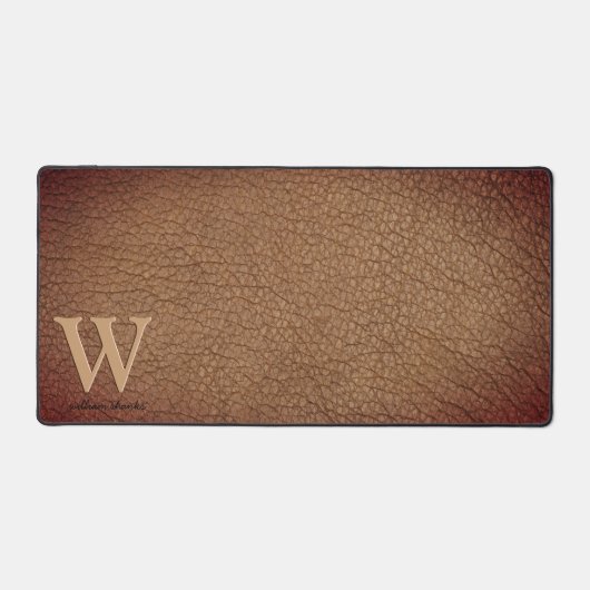 Monogram rustiek leer zwart goud naam bureaumat (Voorkant)