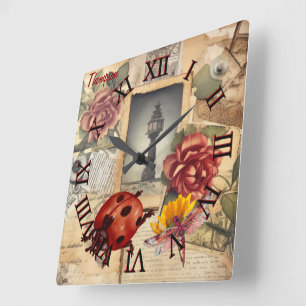 Monogram rustieke achtergrond bloemen en libellen vierkante klok
