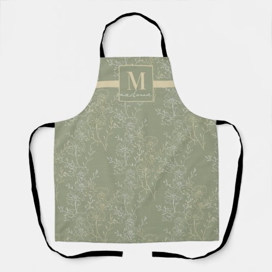Monogram rustieke madeliefjes op Sage Green Schort (Voorkant)