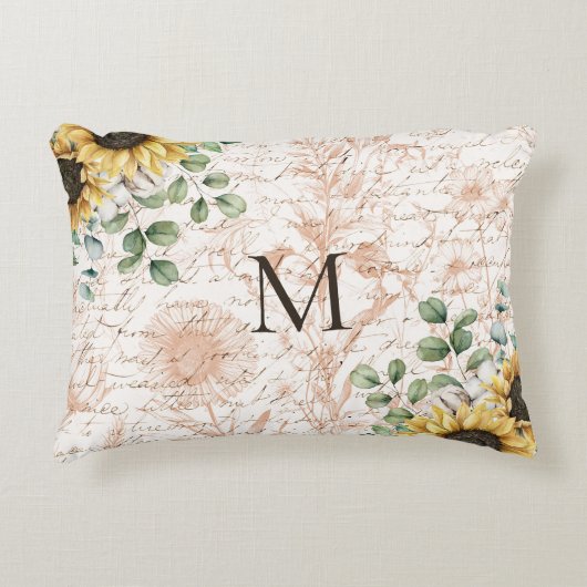 Monogram  rustieke zonnebloem decoupage accent kussen (Voorkant)