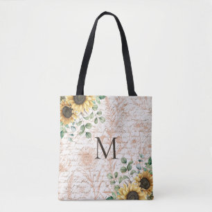 Monogram  rustieke zonnebloem decoupage draagtas