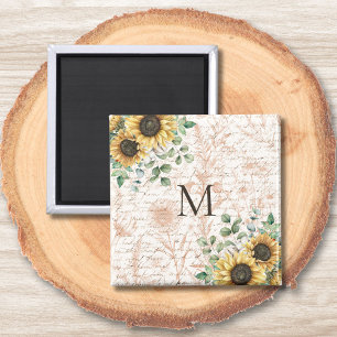 Monogram  rustieke zonnebloem decoupage magneet