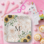 Monogram rustieke zonnebloem decoupage papieren bordje (Feest)