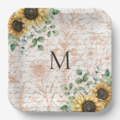 Monogram rustieke zonnebloem decoupage papieren bordje (Voorkant)