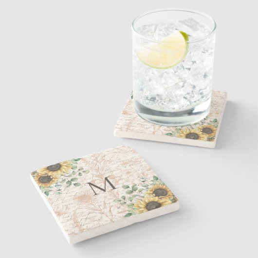 Monogram rustieke zonnebloem decoupage stenen onderzetter (Zijkant)