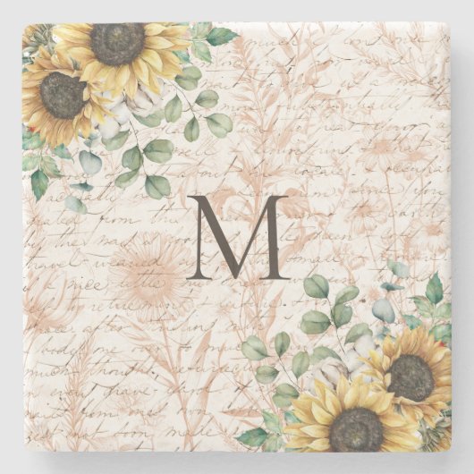 Monogram rustieke zonnebloem decoupage stenen onderzetter (Voorkant)
