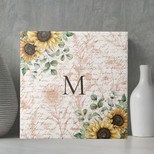 Monogram rustieke zonnebloem decoupage tegeltje
