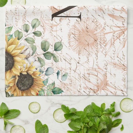 Monogram  rustieke zonnebloem decoupage theedoek (Gevouwen)