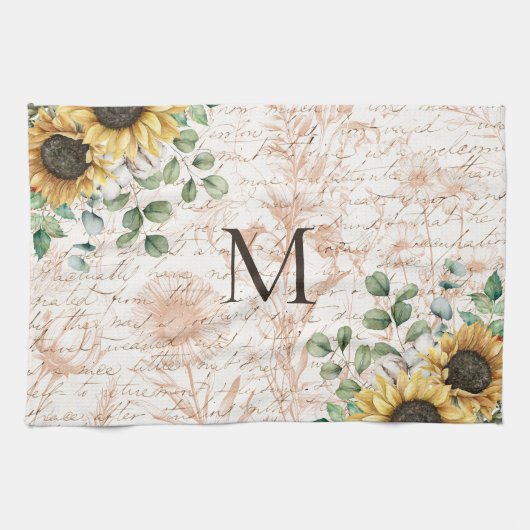 Monogram  rustieke zonnebloem decoupage theedoek (Horizontaal)