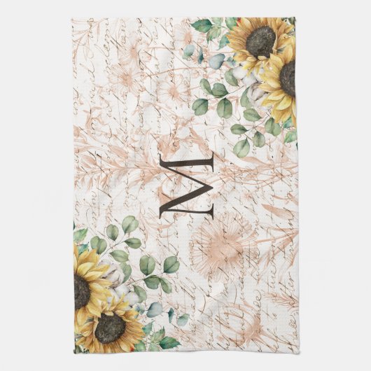 Monogram  rustieke zonnebloem decoupage theedoek (Verticaal)