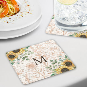 Monogram rustieke zonnebloem decoupage vierkante kartonnen onderzetter