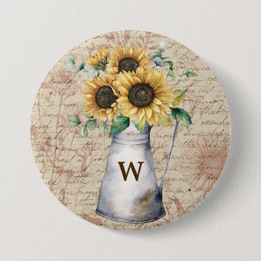 Monogram Rustieke Zonnebloem Letter Decoupage Ronde Button 7,6 Cm (Voorkant)