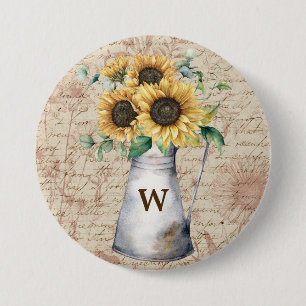 Monogram Rustieke Zonnebloem  Letter Decoupage Ronde Button 7,6 Cm