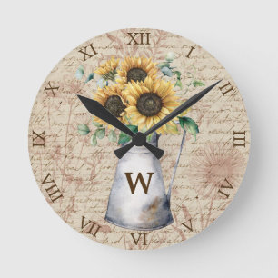 Monogram Rustieke Zonnebloem  Letter Decoupage Ronde Klok