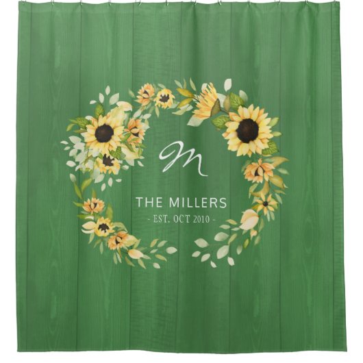 Monogram rustige boerderijzonnebloemen met groengr douchegordijn (Voorkant)