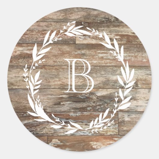 Monogram Rustige houtstijl Ronde Sticker (Voorkant)