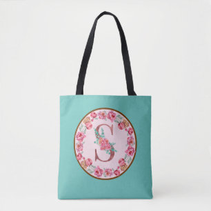 Monogram S Letter met Peony Flower Afbeelding Canv Draagtas