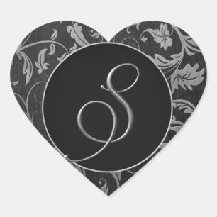 Monogram S Zilver en Zwart Damast Bruiloft Seal Hart Sticker