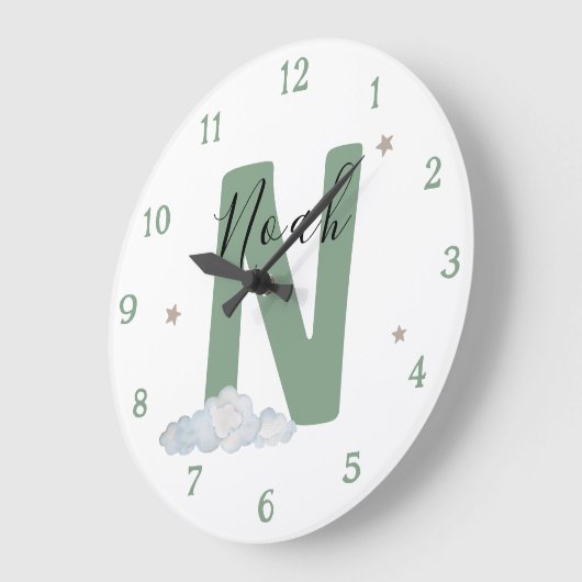 Monogram Sage Baby Initial Name Nursery Wall Clock Grote Klok (Hoek)