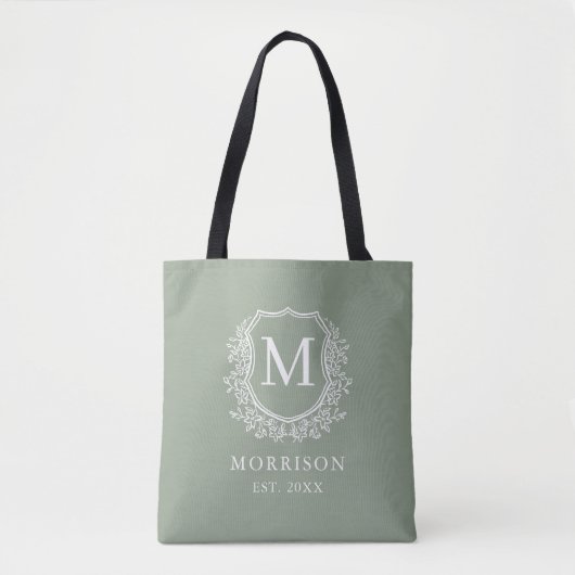 Monogram Sage Green Crest Botanische bruiloft Draagtas (Voorkant)