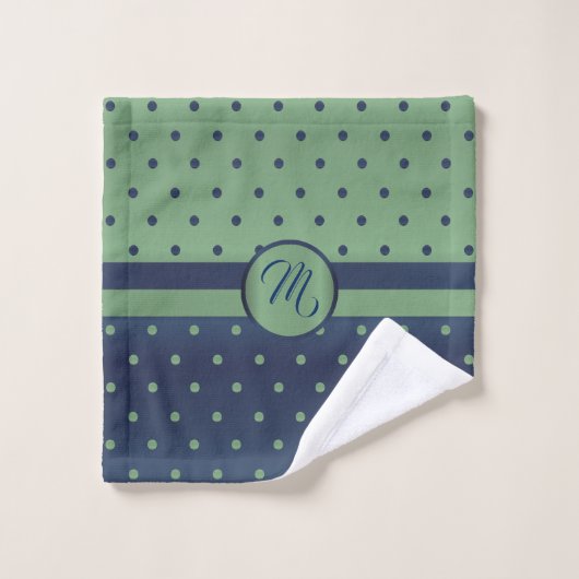 Monogram Sage Green en Slate Polka Dot Pattern Bad Handdoek (Wasdoekje)