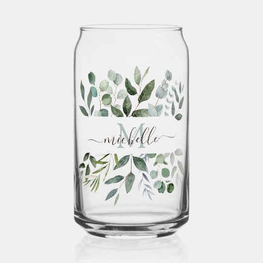 Monogram Sage Green Eucalyptus Greenery Leaves Blikvorm Glas (Voorkant)