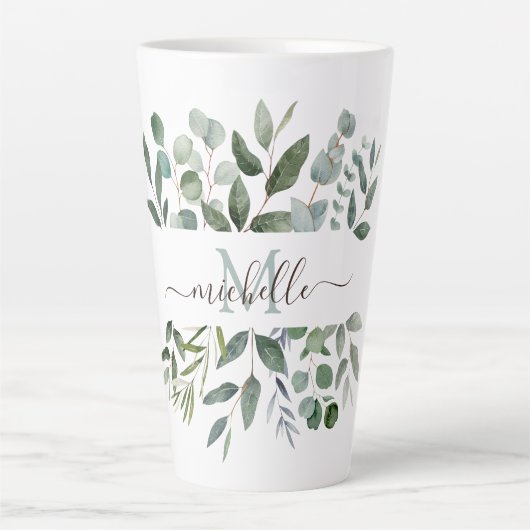 Monogram Sage Green Eucalyptus Greenery Leaves Latte Mok (Voorkant)