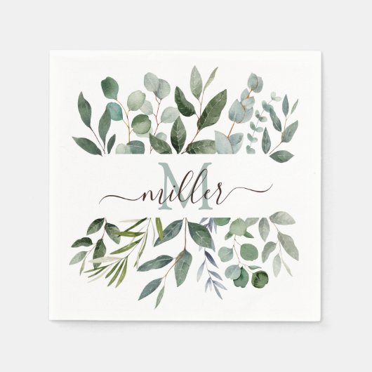 Monogram Sage Green Eucalyptus Greenery Leaves Servet (Voorkant)