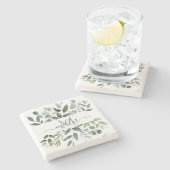 Monogram Sage Green Eucalyptus Greenery Leaves Stenen Onderzetter (Zijkant)