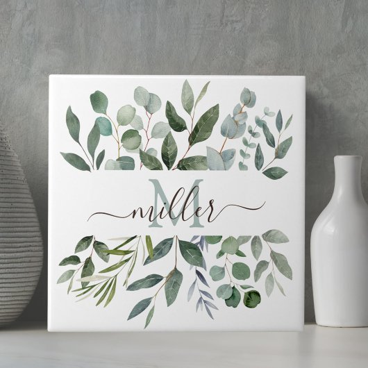 Monogram Sage Green Eucalyptus Greenery Leaves Tegeltje