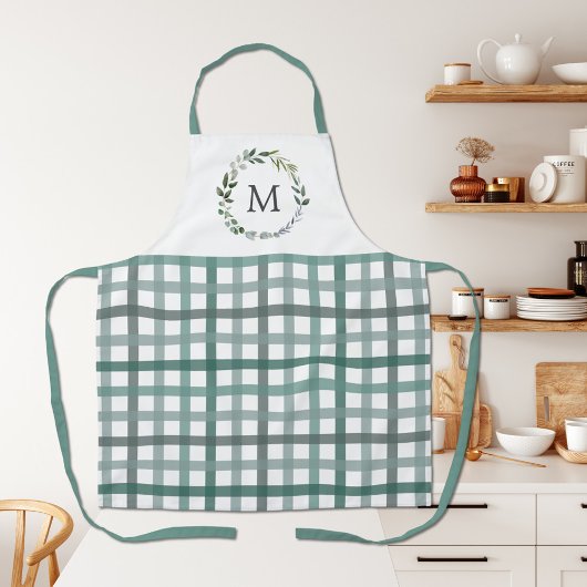 Monogram Sage Green Leaves Gingham Plaid Pattern Schort