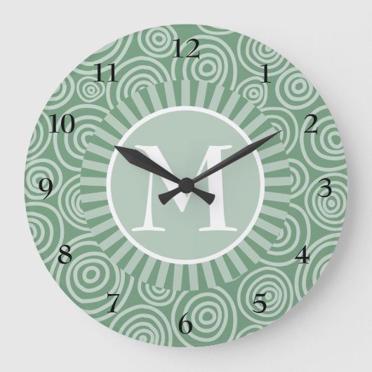 Monogram Sage Green Spirals - Gepersonaliseerd Grote Klok (Voorkant)
