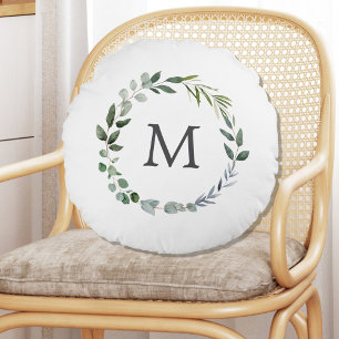 Monogram Sage Groene Bladeren Groene Krans  Rond Kussen